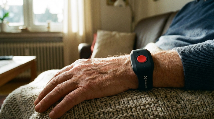 Hausnotruf-Armband am Handgelenk eines Seniors
