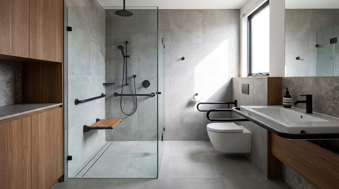 Modernes barrierefreies Badezimmer mit bodengleicher Dusche und Haltegriffen