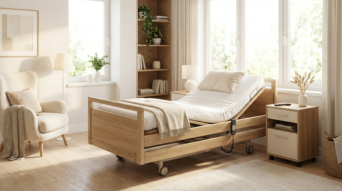 Elektrisch verstellbares Pflegebett in einem hellen Schlafzimmer