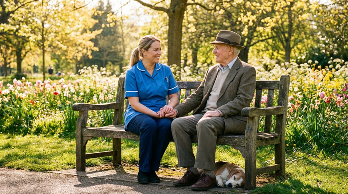 Freundliche Pflegerin und älterer Herr sitzen lächelnd auf einer Parkbank im Sonnenschein