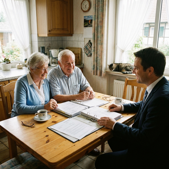 Seniorenpaar sitzt mit Berater am Küchentisch und bespricht Dokumente