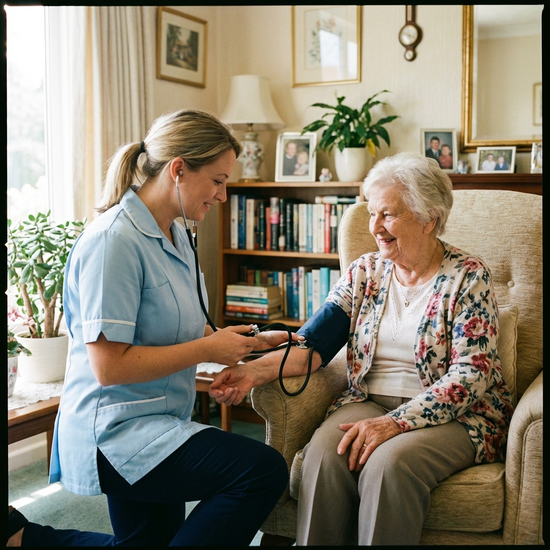 Pflegerin misst sanft den Blutdruck einer älteren Dame im Wohnzimmer