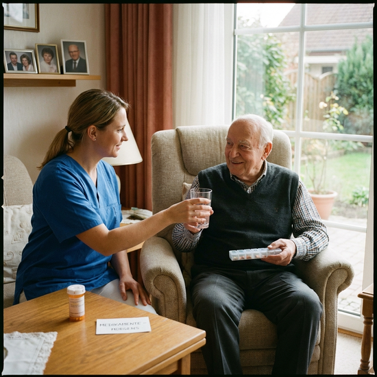 Pflegekraft reicht einem Senior ein Glas Wasser zur Medikamenteneinnahme