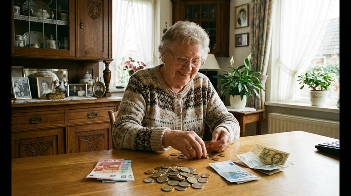 Ältere Dame sortiert mit einem Lächeln Münzen und Geldscheine auf dem Tisch