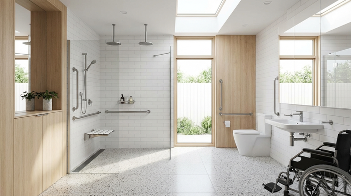 Modernes, helles und barrierefreies Badezimmer mit ebenerdiger Dusche und Haltegriffen