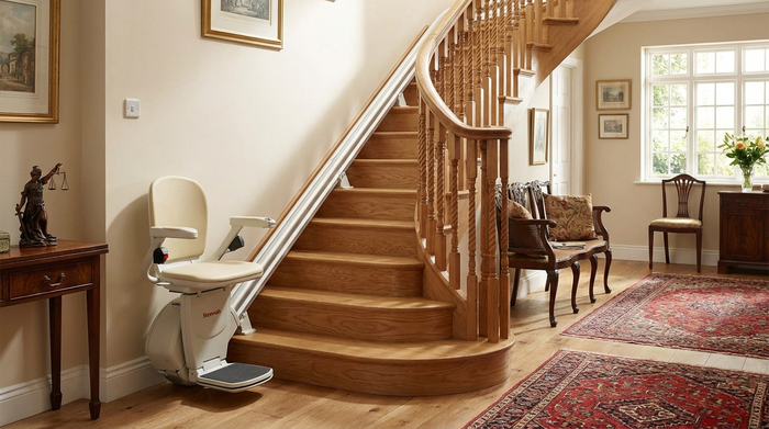Elektrischer Treppenlift an einer geschwungenen Holztreppe in einem gepflegten Haus