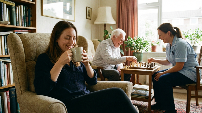 Entspannte Tochter trinkt Kaffee, während im Hintergrund eine Betreuungskraft mit dem Vater Schach spielt