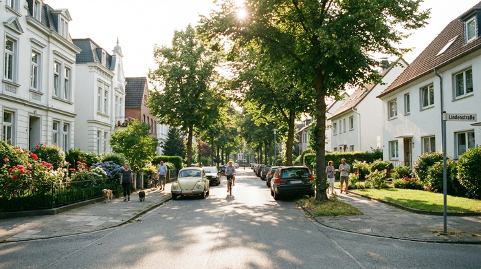 Blick auf eine typische Wohnstraße mit gepflegten Häusern und Vorgärten an einem sonnigen Tag
