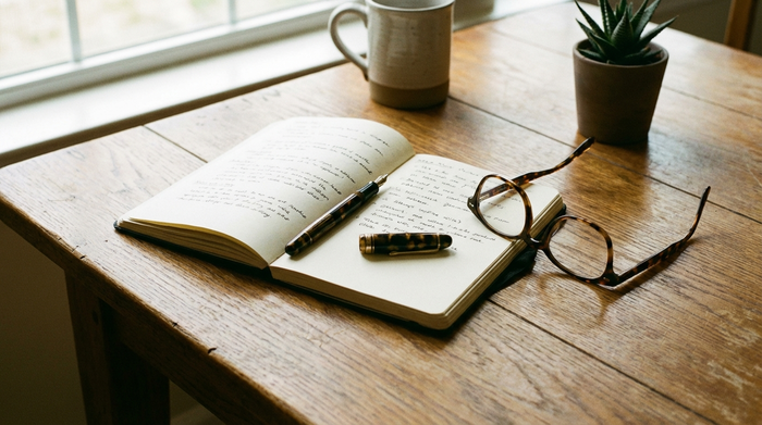 Notizblock mit Stift und einer Brille auf einem aufgeräumten Holztisch