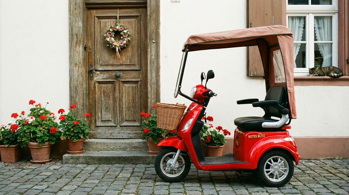 Rotes Senioren-Elektromobil parkt vor einer Haustür