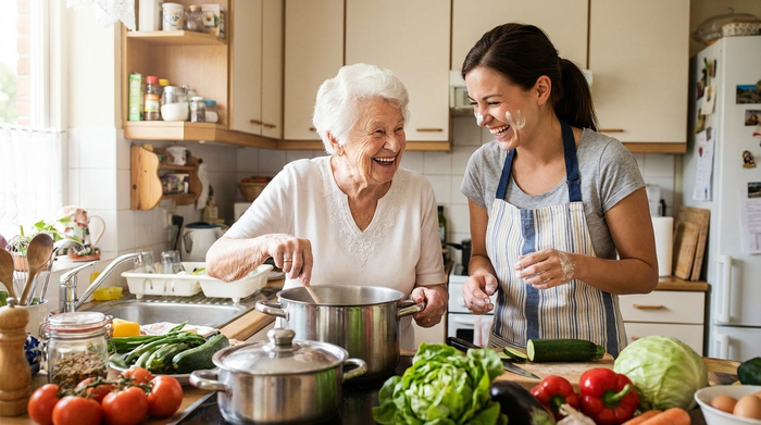 Betreuungskraft und Seniorin kochen gemeinsam lachend in der Küche
