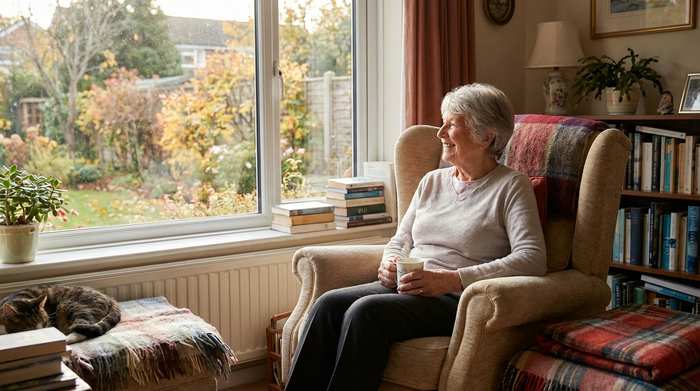 Glückliche Seniorin blickt entspannt aus dem Fenster ihres gemütlichen Wohnzimmers
