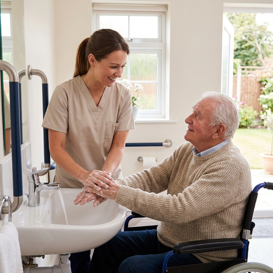 Pflegekraft wäscht die Hände eines älteren Herrn am Waschbecken