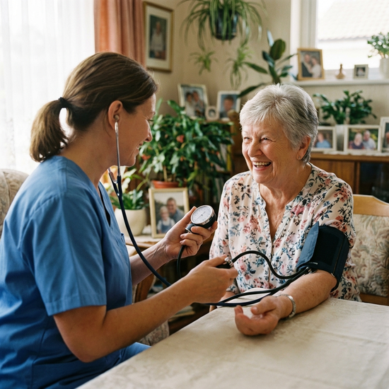 Examinierte Pflegekraft misst den Blutdruck einer lächelnden Seniorin