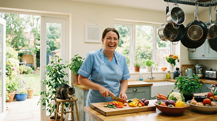 Pflegekraft bereitet frisches Gemüse in einer hellen Küche zu