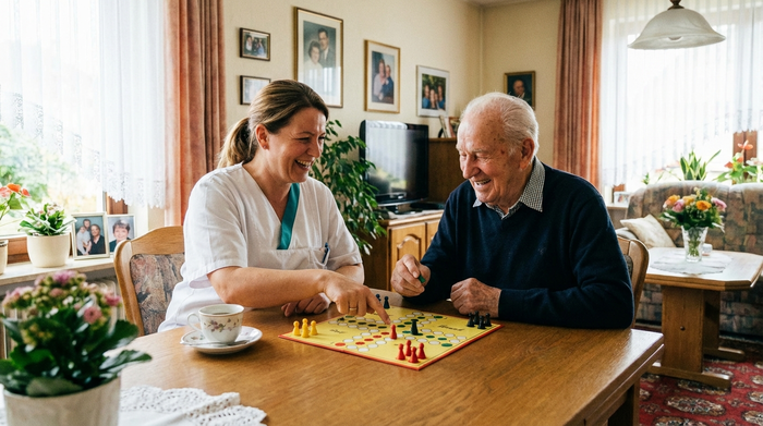 Pflegerin und Senior spielen gemeinsam ein Brettspiel am Tisch