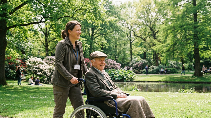 Pflegekraft schiebt einen Senior im Rollstuhl durch einen grünen Park