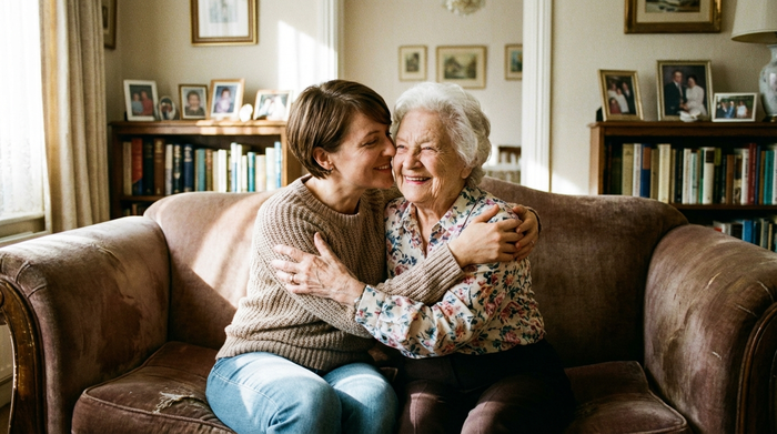 Tochter umarmt ihre ältere Mutter liebevoll auf dem Sofa