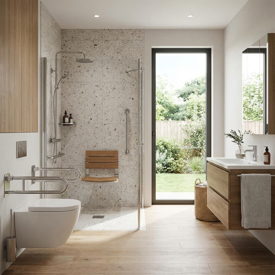 Modernes, barrierefreies Badezimmer mit bodengleicher Dusche und Duschsitz