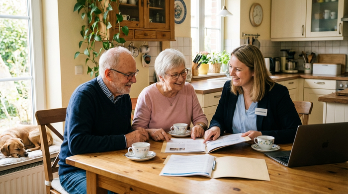 Älteres Ehepaar sitzt mit einer freundlichen Pflegeberaterin am Tisch und schaut in Informationsmappen