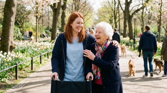 Freundliche Pflegerin und Seniorin lachen gemeinsam bei einem Spaziergang im Park