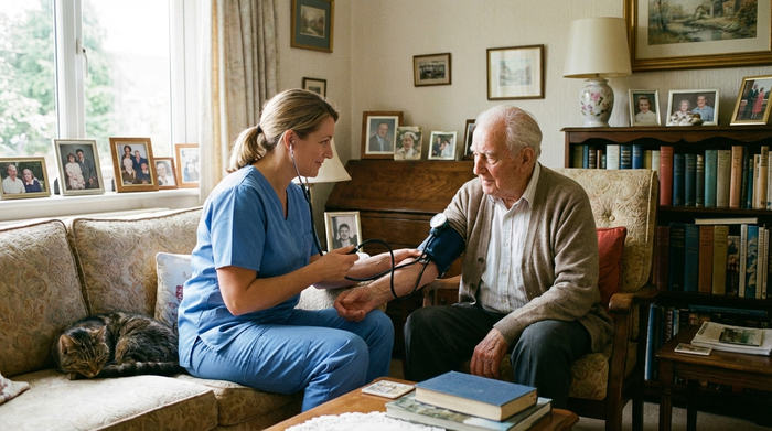 Pflegerin misst Blutdruck bei älterem Herrn im Wohnzimmer