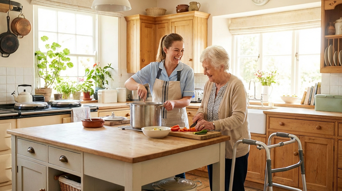 Hauswirtschaftshilfe beim gemeinsamen Kochen mit Seniorin in heller Küche