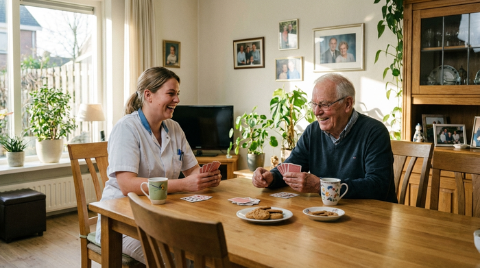 Betreuungskraft und Senior spielen entspannt Karten am Esstisch