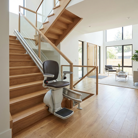 Moderner Treppenlift an einer geraden Holztreppe im Einfamilienhaus