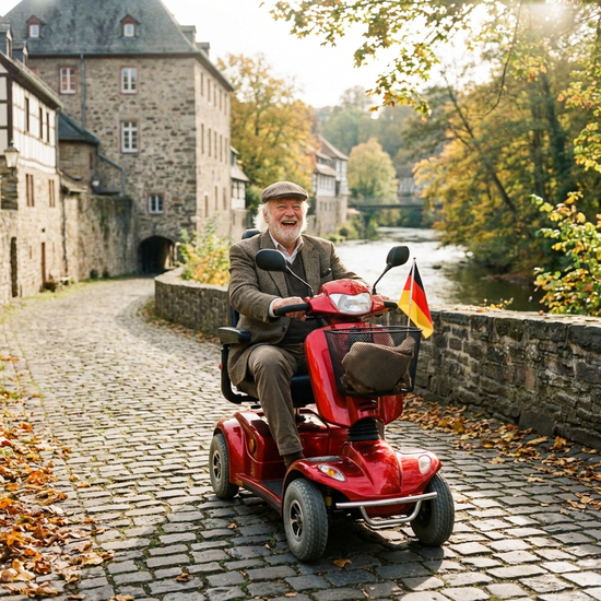 Senior fährt mit einem roten Elektromobil auf einem gepflasterten Weg