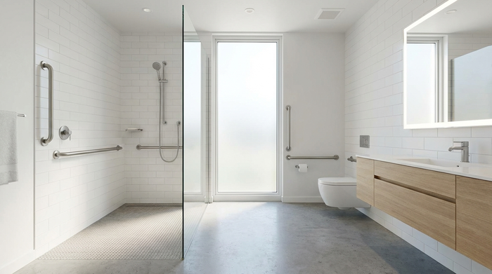 Modernes, helles Badezimmer mit bodengleicher Dusche, rutschfesten Fliesen und stabilen Haltegriffen