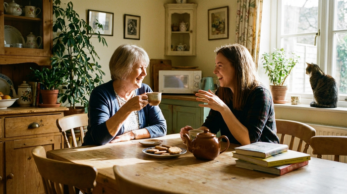 Zwei Frauen unterhalten sich entspannt bei einer Tasse Tee am Küchentisch