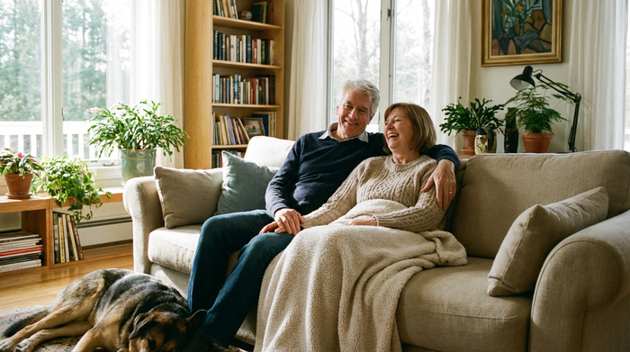 Zufriedenes älteres Ehepaar sitzt entspannt auf dem Sofa im hellen Wohnzimmer