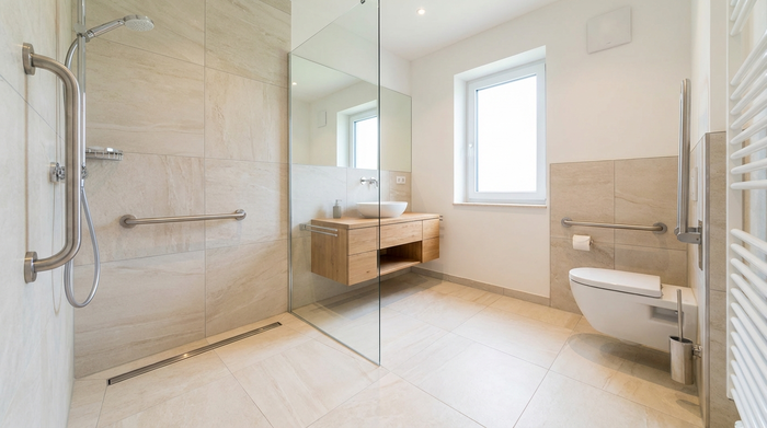 Helles, modern gefliestes Badezimmer mit bodengleicher Dusche und stabilen Haltegriffen