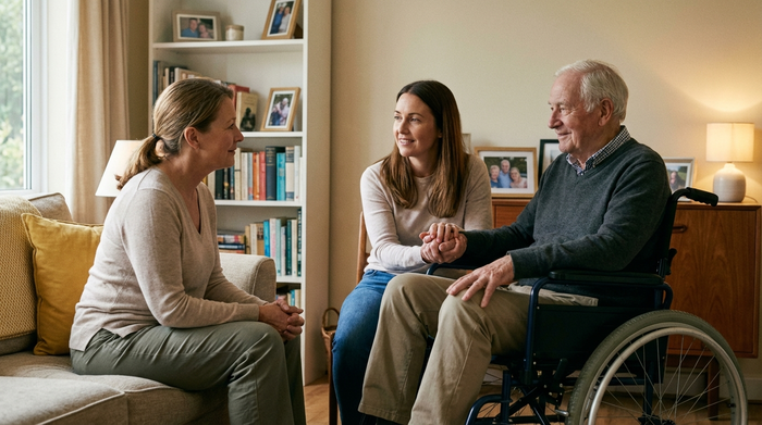 Empathische Pflegeberaterin im Gespräch mit Tochter und pflegebedürftigem Vater im Wohnzimmer