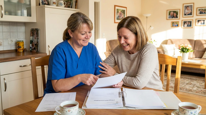Pflegekraft und Angehörige prüfen gemeinsam Dokumente und tauschen sich freundlich aus