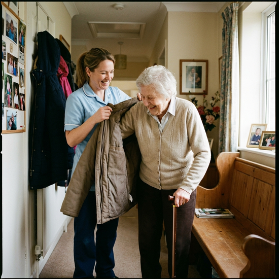 Pflegerin unterstützt Seniorin beim Anlegen einer Jacke im Flur
