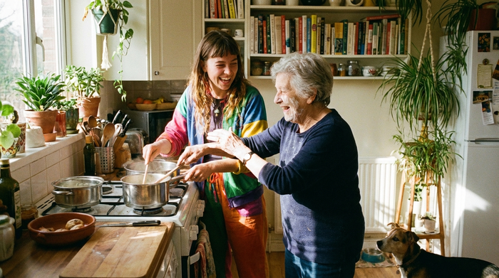 Junge Alltagsbegleiterin und ältere Dame lachen gemeinsam beim Kochen