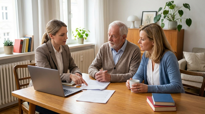 Gutachterin sitzt mit Senior und dessen Tochter am Tisch und bespricht Dokumente