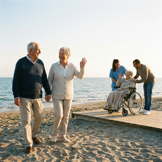Ehepaar spaziert entspannt am Strand, während die Mutter gut betreut wird