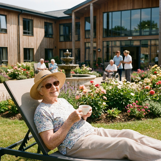 Seniorin genießt die Sonne im Garten einer gepflegten Kurzzeitpflegeeinrichtung
