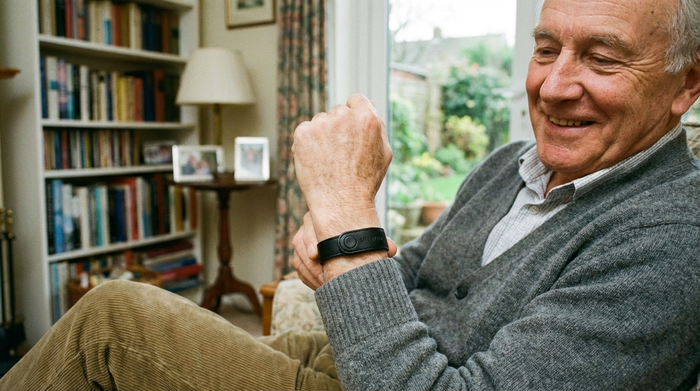 Senior trägt einen unauffälligen Hausnotruf-Sender als Armband am Handgelenk