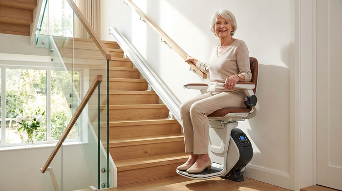 Ältere Dame fährt sicher mit einem modernen Sitz-Treppenlift in die obere Etage