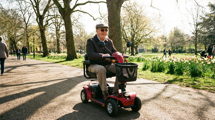 Senior fährt bei sonnigem Wetter mit einem roten Elektromobil durch den Park