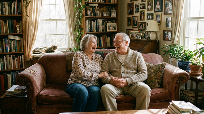 Älteres Ehepaar sitzt entspannt auf dem Sofa im heimischen Wohnzimmer und lacht