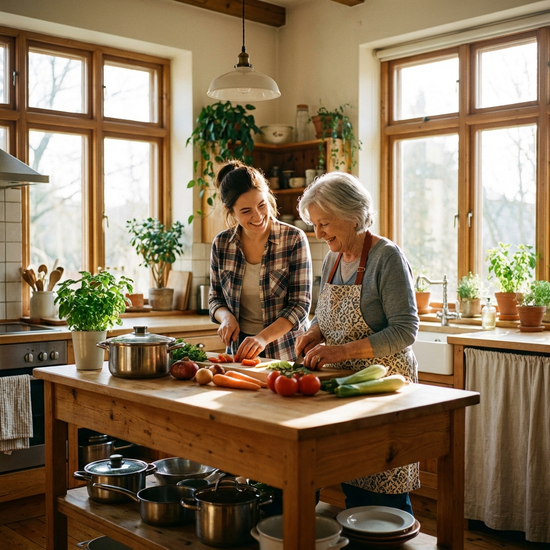 Freundliche Alltagsbegleiterin und Seniorin kochen gemeinsam in einer hellen Küche