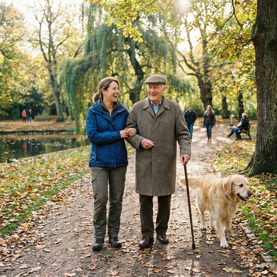 Pflegerin und älterer Herr beim gemeinsamen Spaziergang im Park