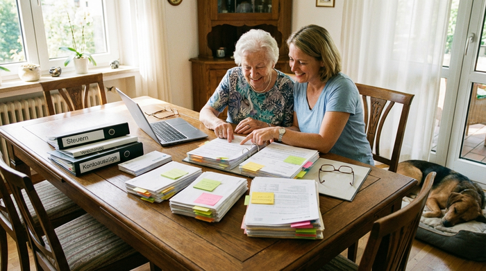 Seniorin und Tochter sitzen gemeinsam am Esstisch und prüfen übersichtlich sortierte Dokumente