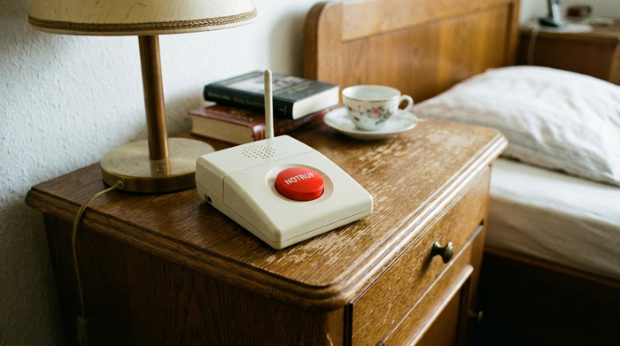 Hausnotruf-Gerät mit großem rotem Knopf auf einem Holz-Nachttisch