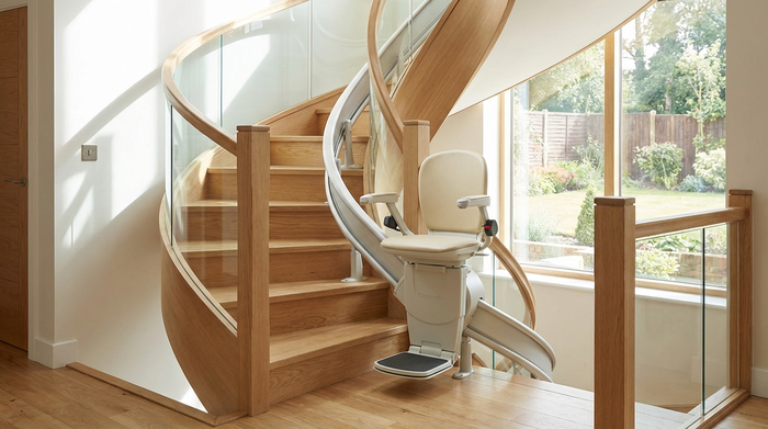 Moderner Treppenlift an einer geschwungenen Holztreppe im Einfamilienhaus